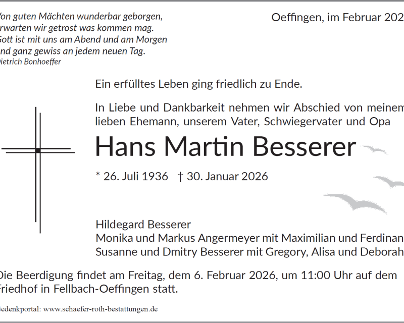 Traueranzeige Hans Martin Besserer