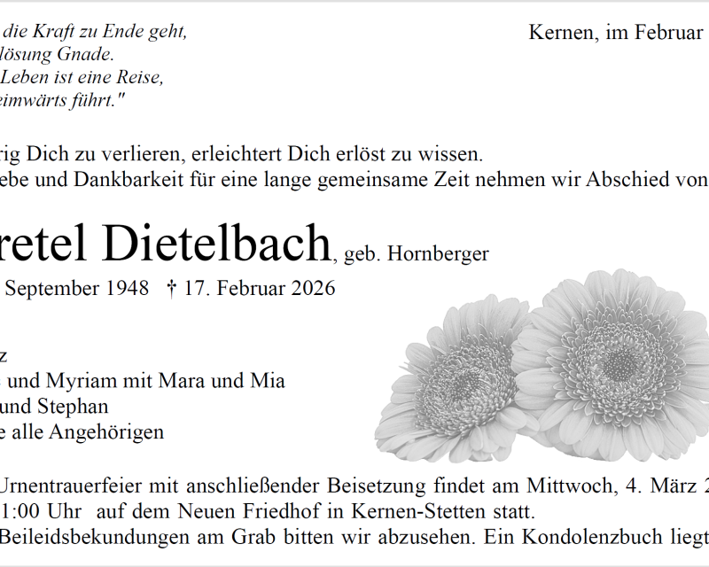 Traueranzeige Gretel Dietelbach