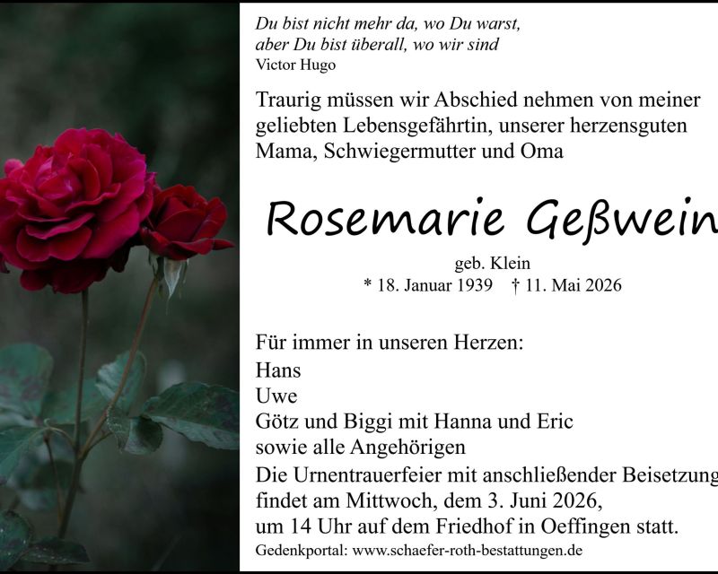 Traueranzeige Rosemarie Geßwein