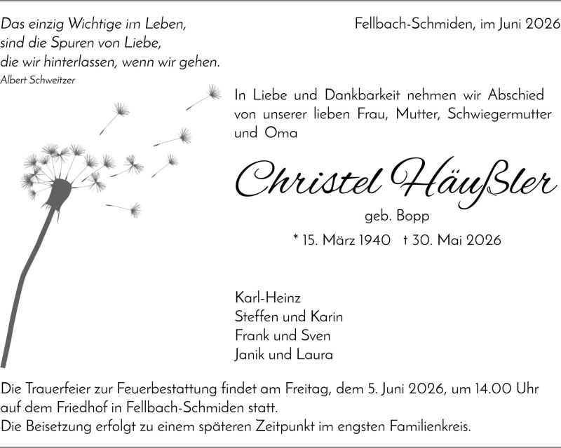 Traueranzeige Christel Häußler