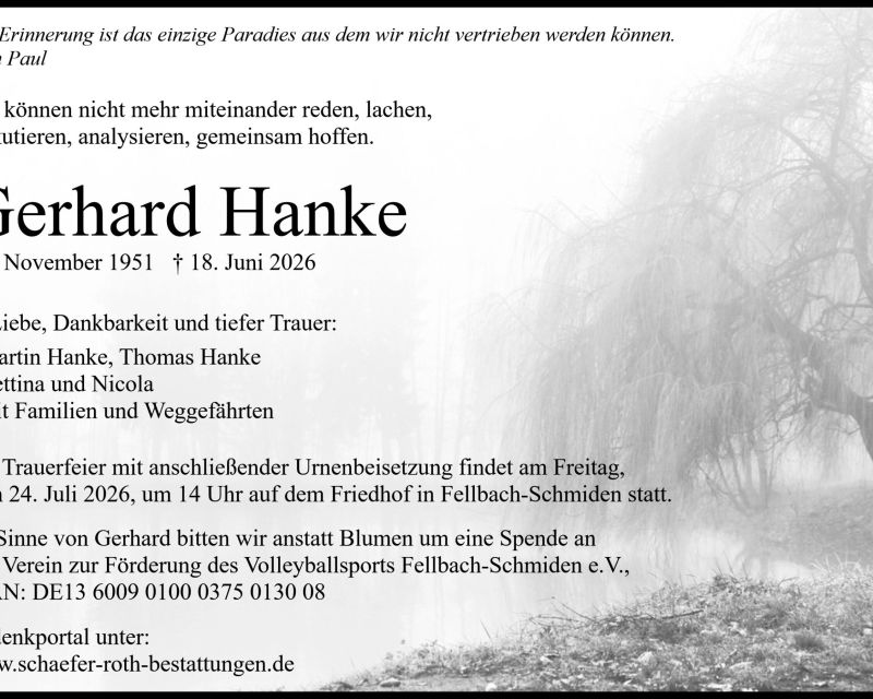 Traueranzeige Gerhard Hanke