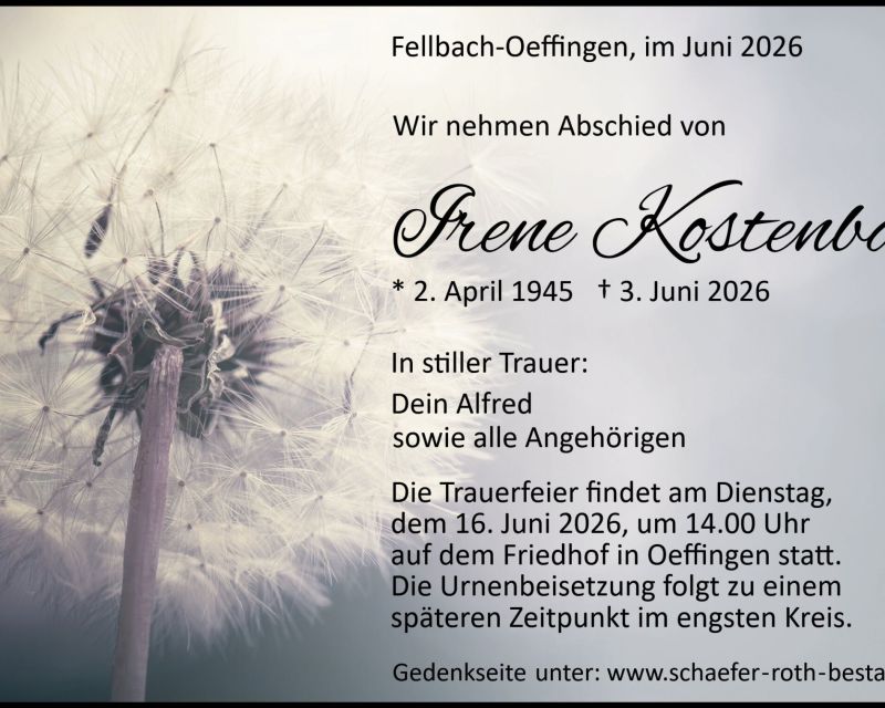 Traueranzeige Irene Kostenbader