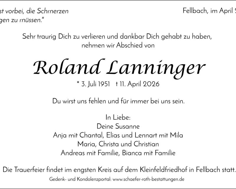 Traueranzeige Roland Lanninger