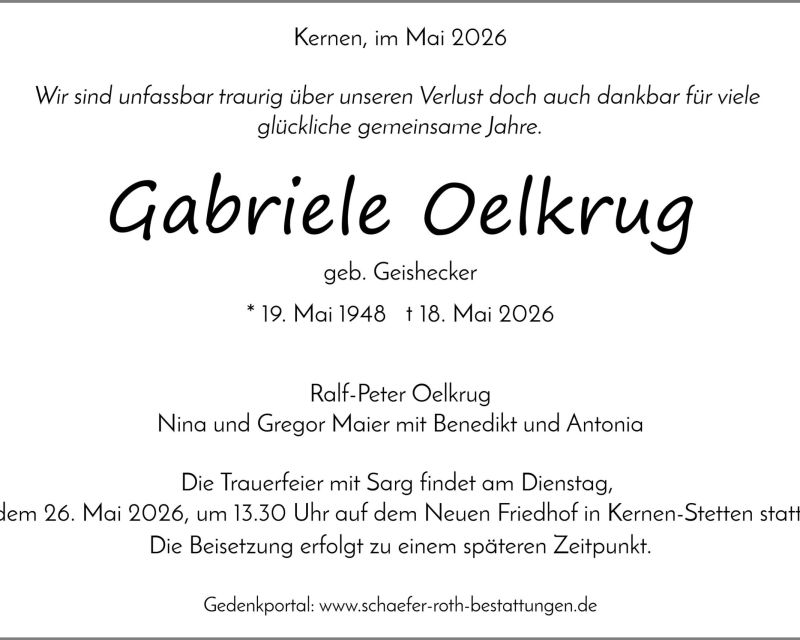 Traueranzeige Gabriele Oelkrug