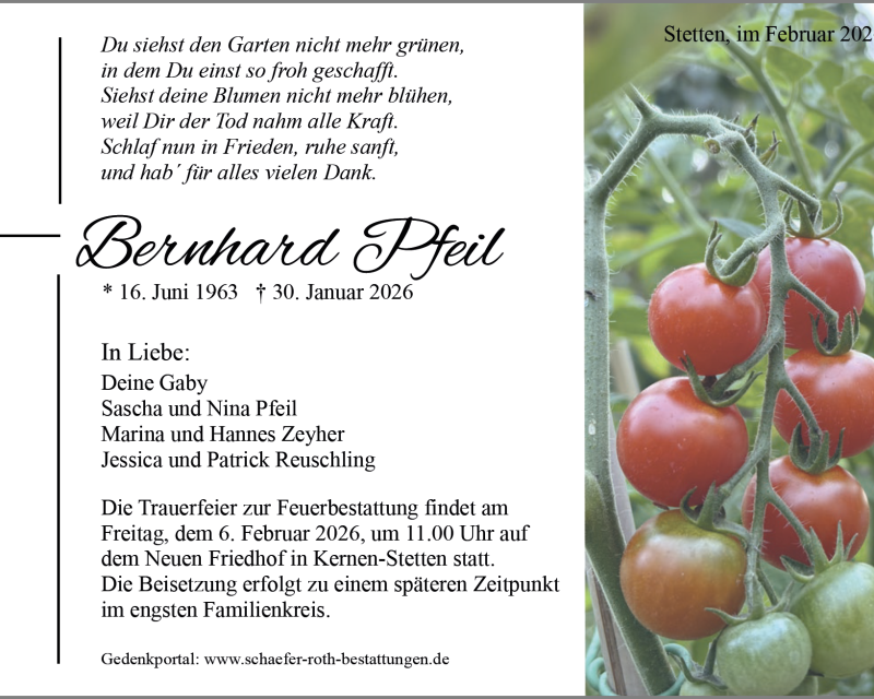 Traueranzeige Bernhard Pfeil