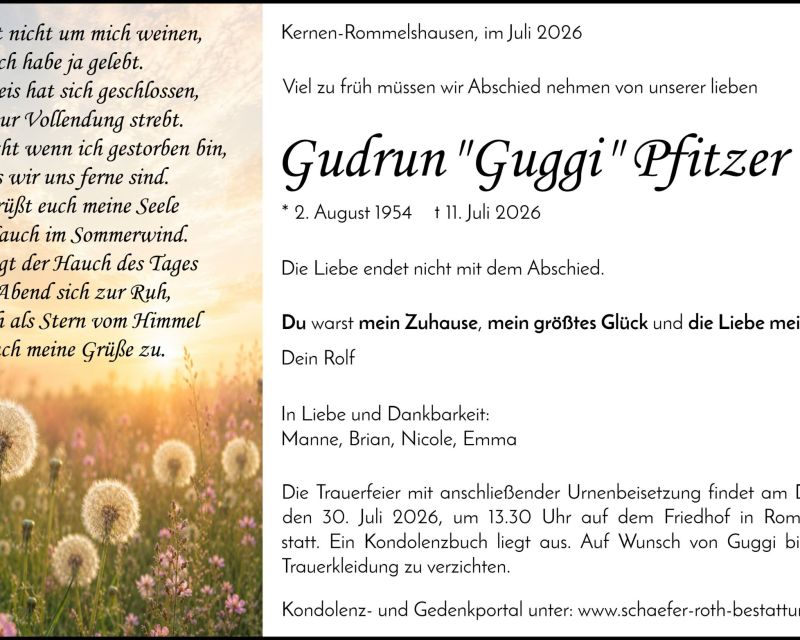 Traueranzeige Gudrun Pfitzer