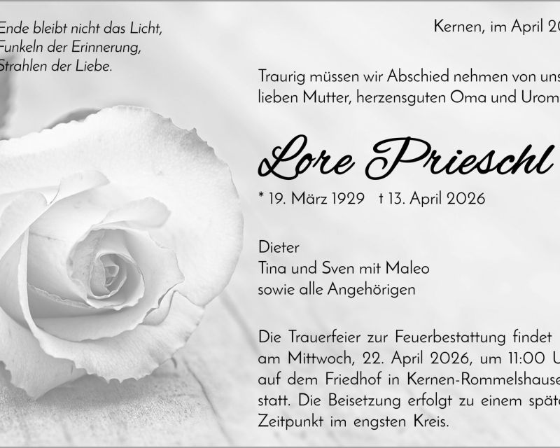 Traueranzeige Lore Prieschl