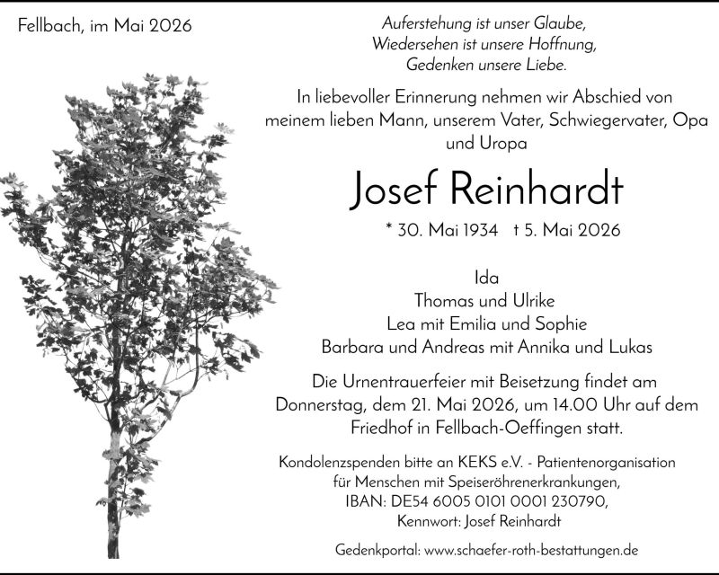 Traueranzeige Josef Reinhardt