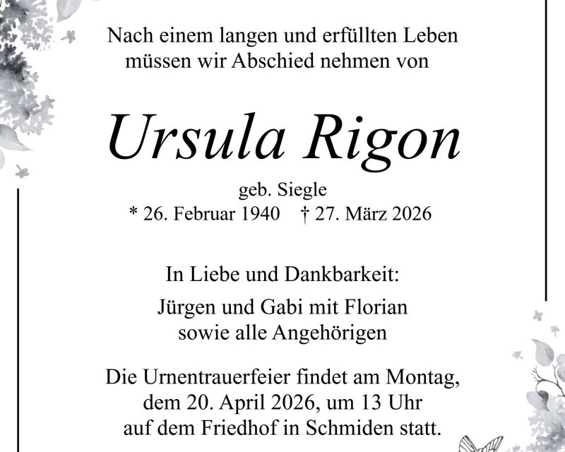 Traueranzeige Ursula Rigon