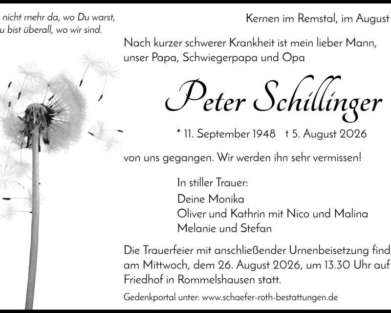 Traueranzeige Peter Schillinger