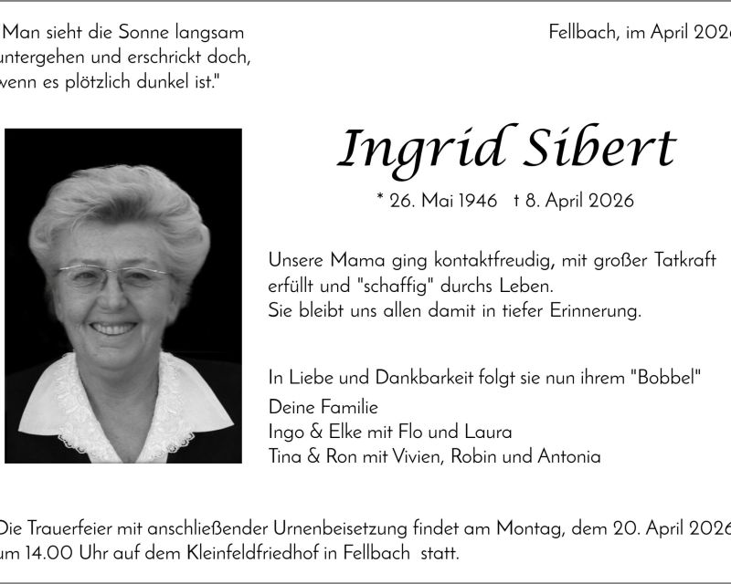Traueranzeige Ingrid Sibert