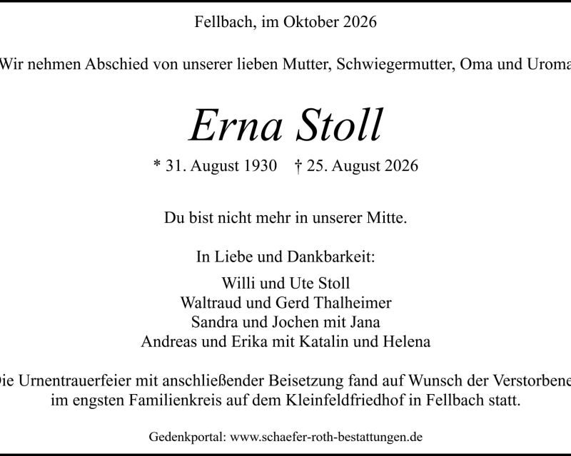 Traueranzeige Erna Stoll