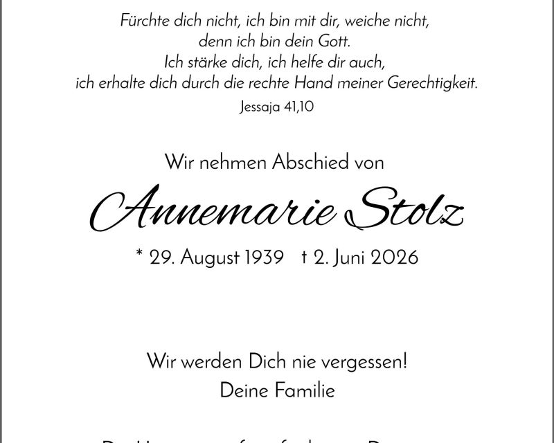 Traueranzeige Annemarie Stolz