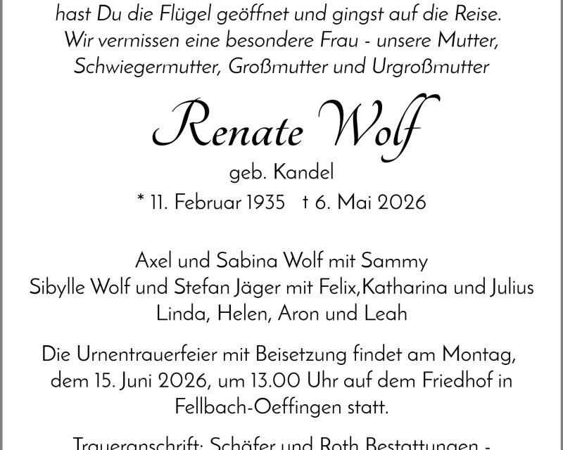 Traueranzeige Renate Wolf