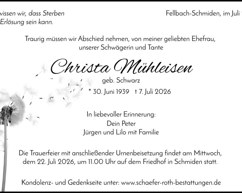 Traueranzeige Christa Mühleisen