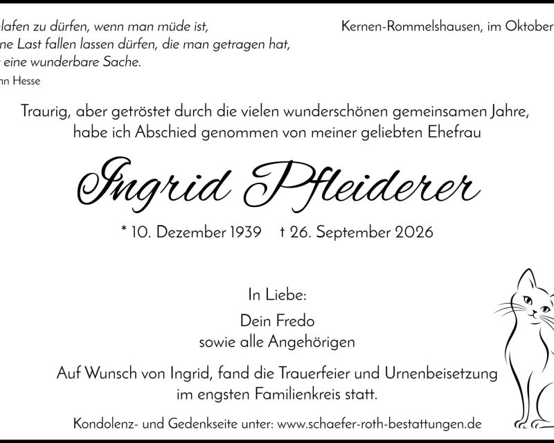 Traueranzeige Ingrid Pfleiderer