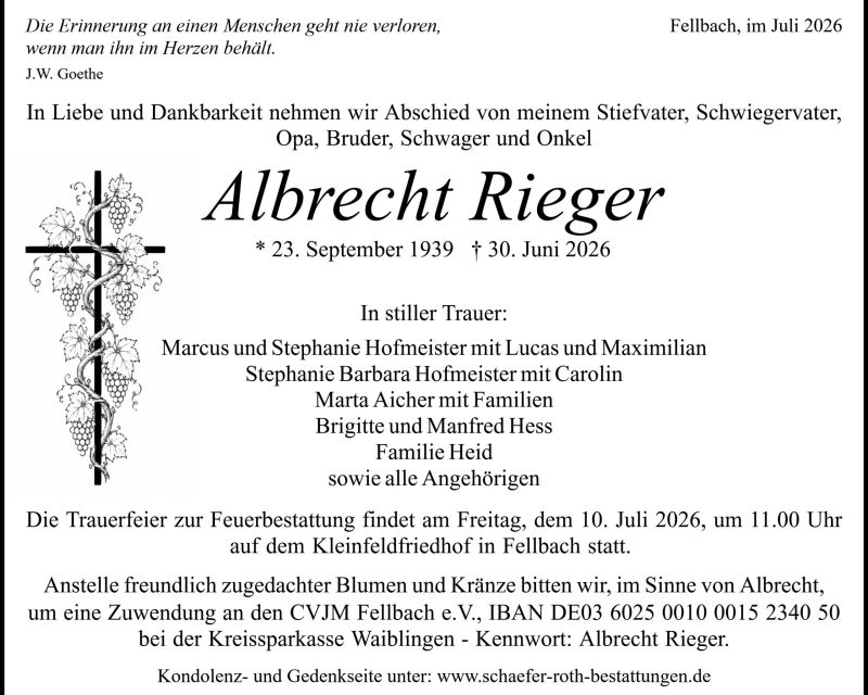 Traueranzeige Albrecht Rieger