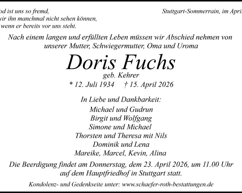 Traueranzeige Doris Fuchs