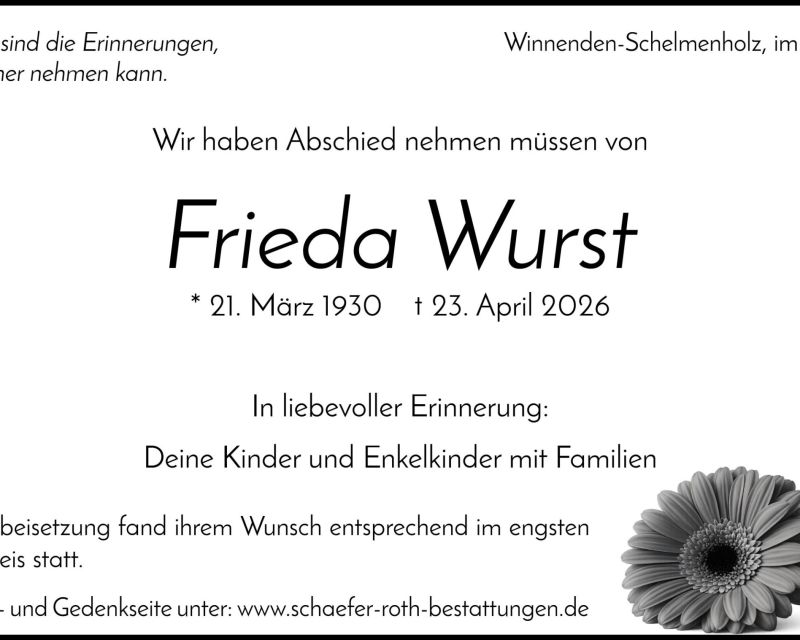 Traueranzeige Frieda Wurst