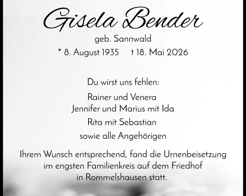 Traueranzeige Gisela Bender