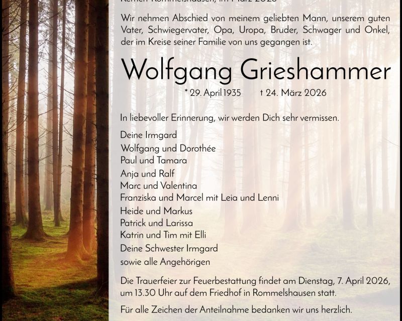 Traueranzeige Wolfgang Grieshammer
