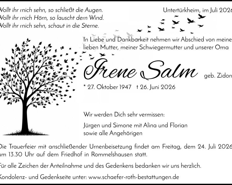 Traueranzeige Irene Salm