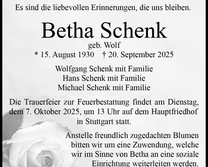 Traueranzeige - Betha Schenk