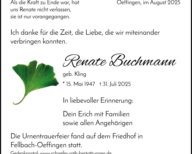 Traueranzeige Renate Buchmann