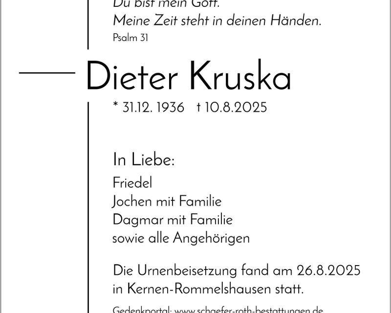 Traueranzeige Dieter Kruska