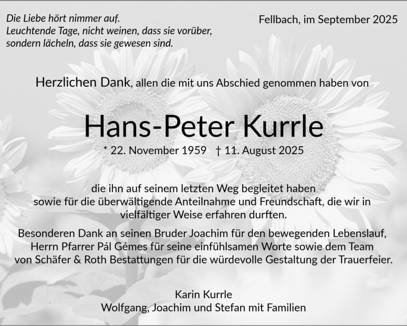 Traueranzeige Hans-Peter Kurrle