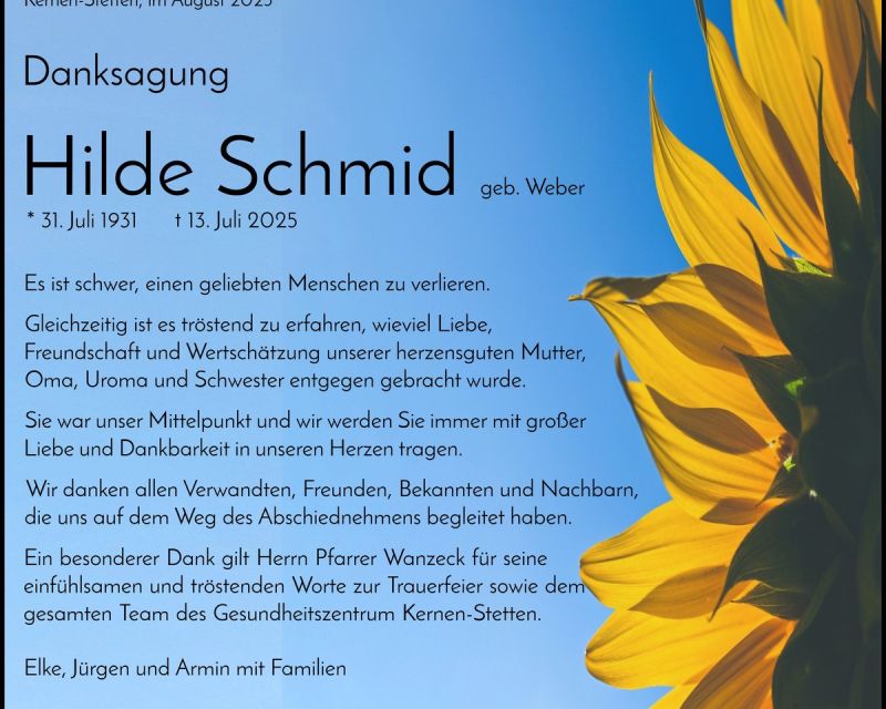 Traueranzeige Hilde Schmid