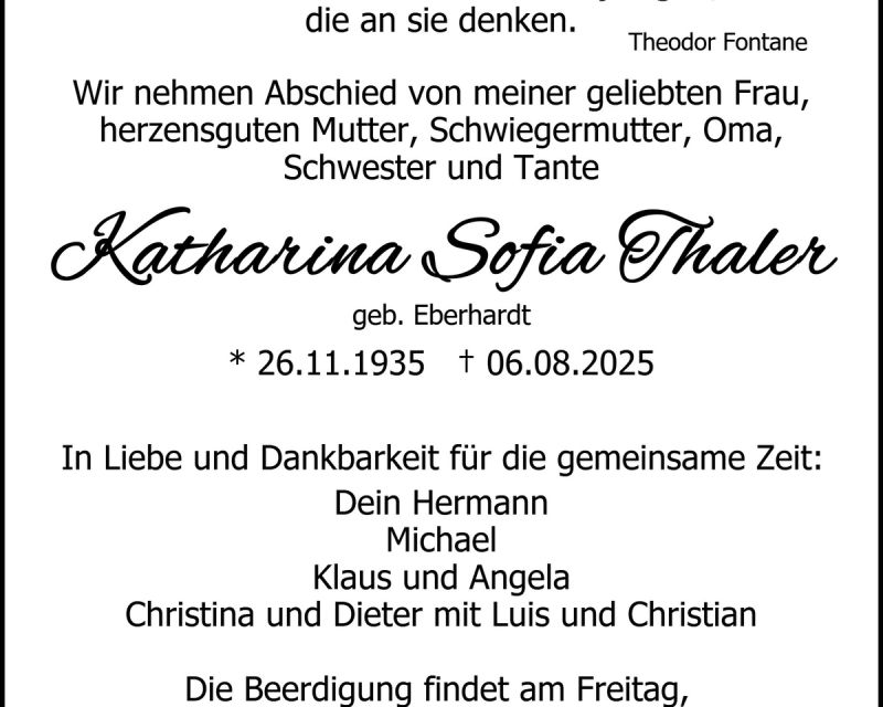 Traueranzeige Katharina Sofia Thaler