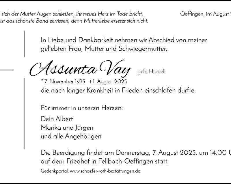Traueranzeige Assunta Vay