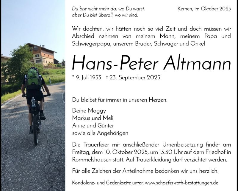Traueranzeige Hans-Peter Altmann
